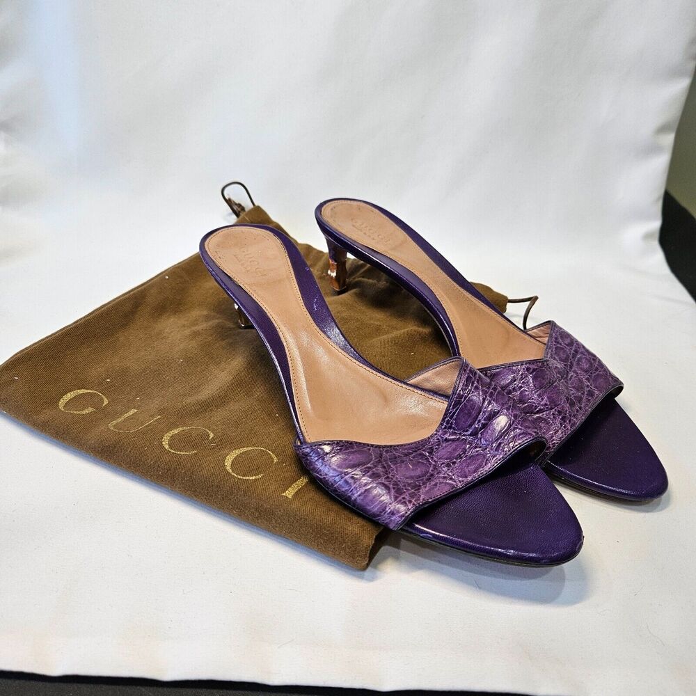 Gucci Tom Ford SS04 Leather Kitten Heel Mule Sandals 8 Purple Alligator